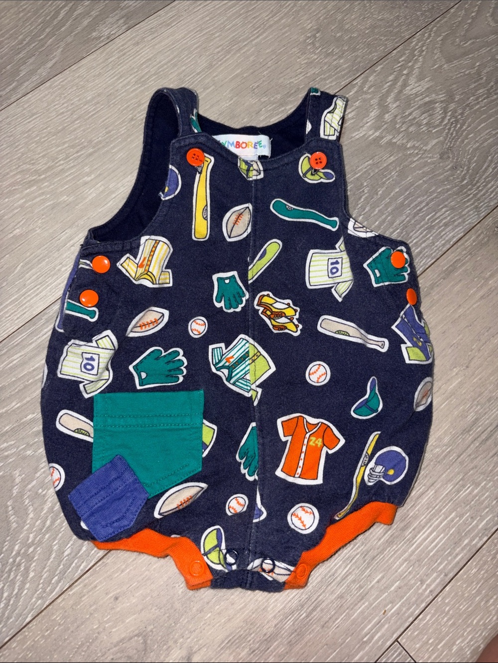 Gymboree Navy Romper with Multicolor Logo and Teal Accents